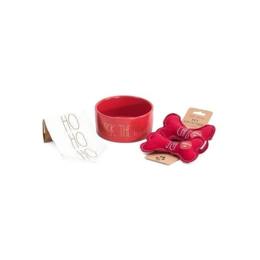 Rae Dunn 3pc Deck The Paws Christmas Pet Bowl, Toy, and Bandana Set
